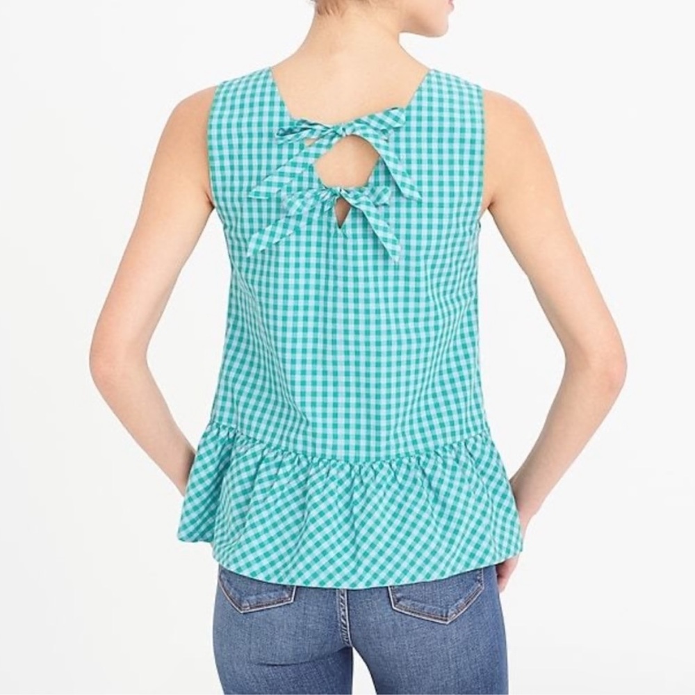 J. Crew Preppy Coastal Blue Green Gingham Bow Back Peplum Tank Top